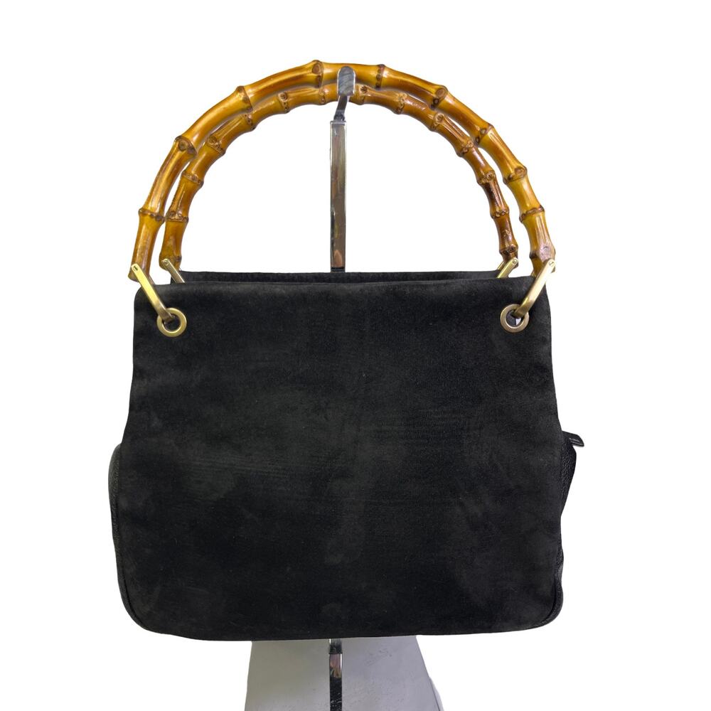 Vintage Gucci Bamboo Handle Black Suede Leather Handbag Italy Classic Minimalist